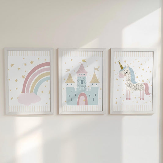 Set of 3 Personalised Unicorn Nursery Prints – Castle, Rainbow & Stars Wall Art for Girls Room - RoseRowanDesign -