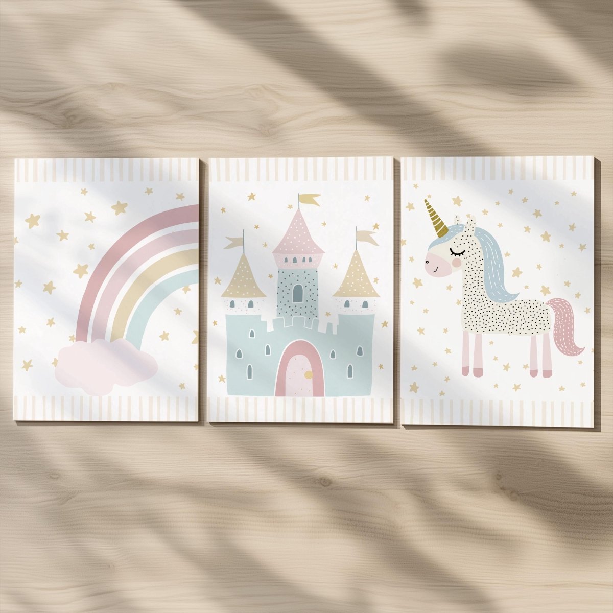 Set of 3 Personalised Unicorn Nursery Prints – Castle, Rainbow & Stars Wall Art for Girls Room - RoseRowanDesign -