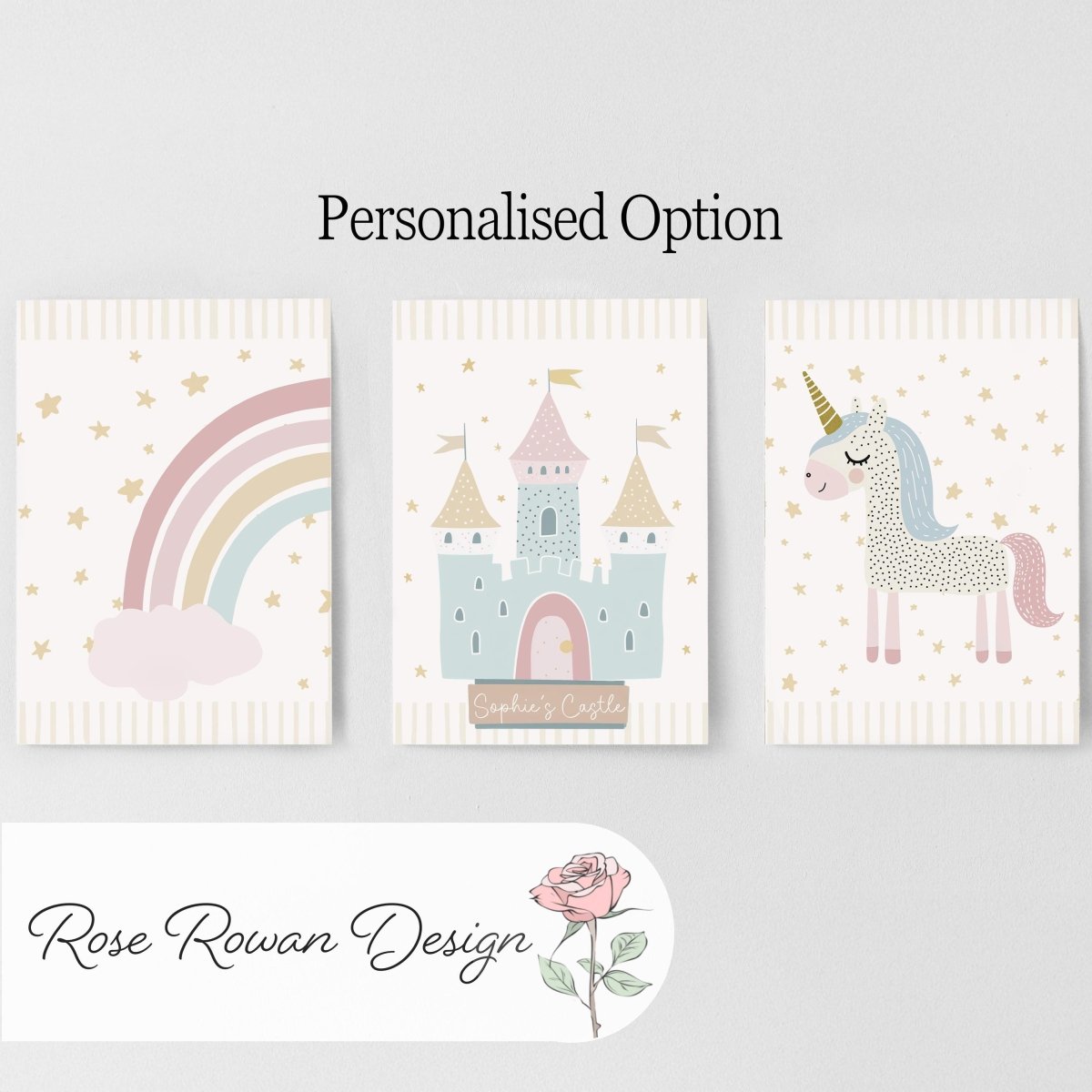 Set of 3 Personalised Unicorn Nursery Prints – Castle, Rainbow & Stars Wall Art for Girls Room - RoseRowanDesign -