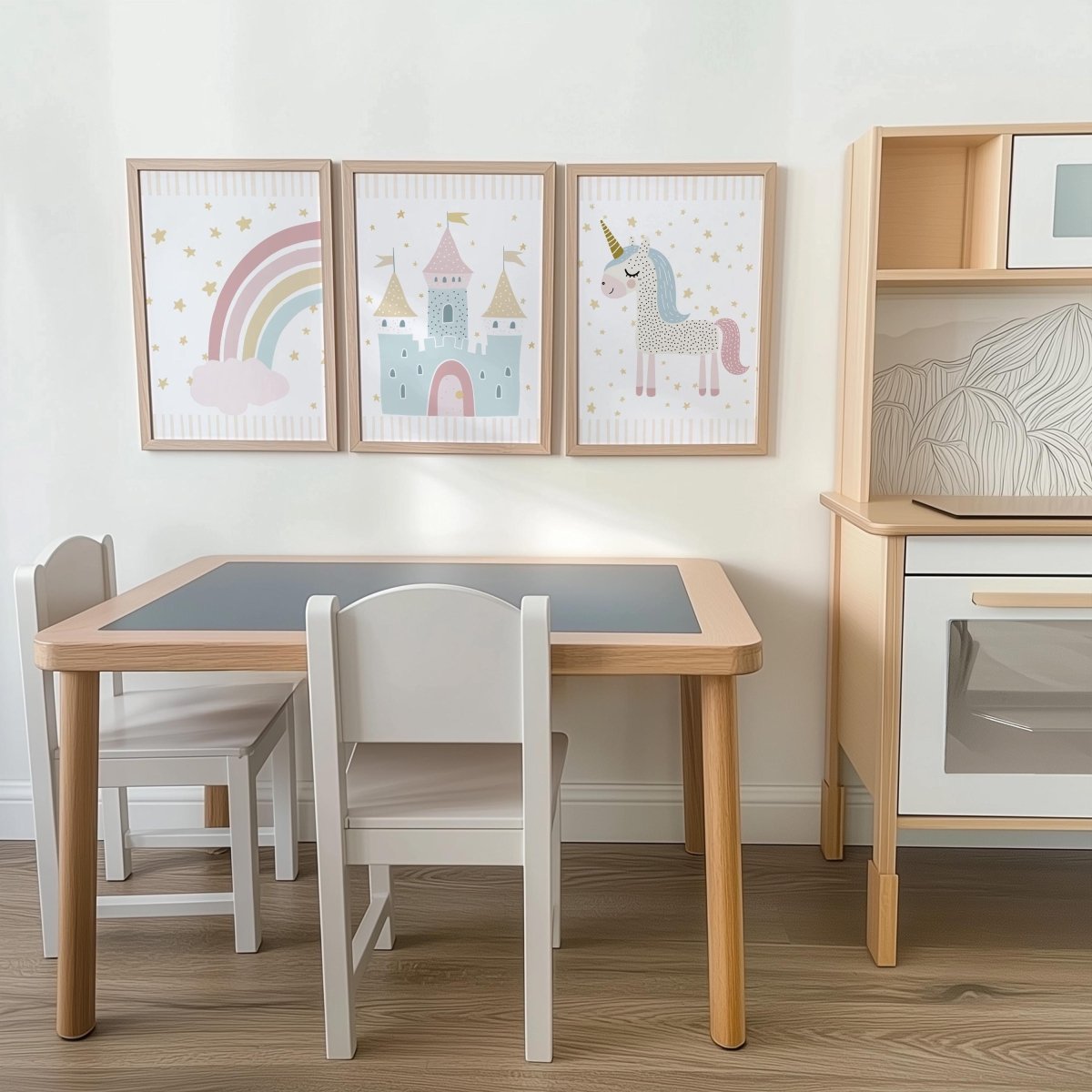 Set of 3 Personalised Unicorn Nursery Prints – Castle, Rainbow & Stars Wall Art for Girls Room - RoseRowanDesign -