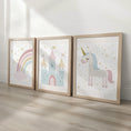 Load image into Gallery viewer, Set of 3 Personalised Unicorn Nursery Prints – Castle, Rainbow & Stars Wall Art for Girls Room - RoseRowanDesign -