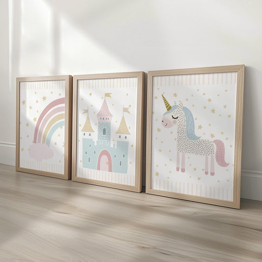 Set of 3 Personalised Unicorn Nursery Prints – Castle, Rainbow & Stars Wall Art for Girls Room - RoseRowanDesign -