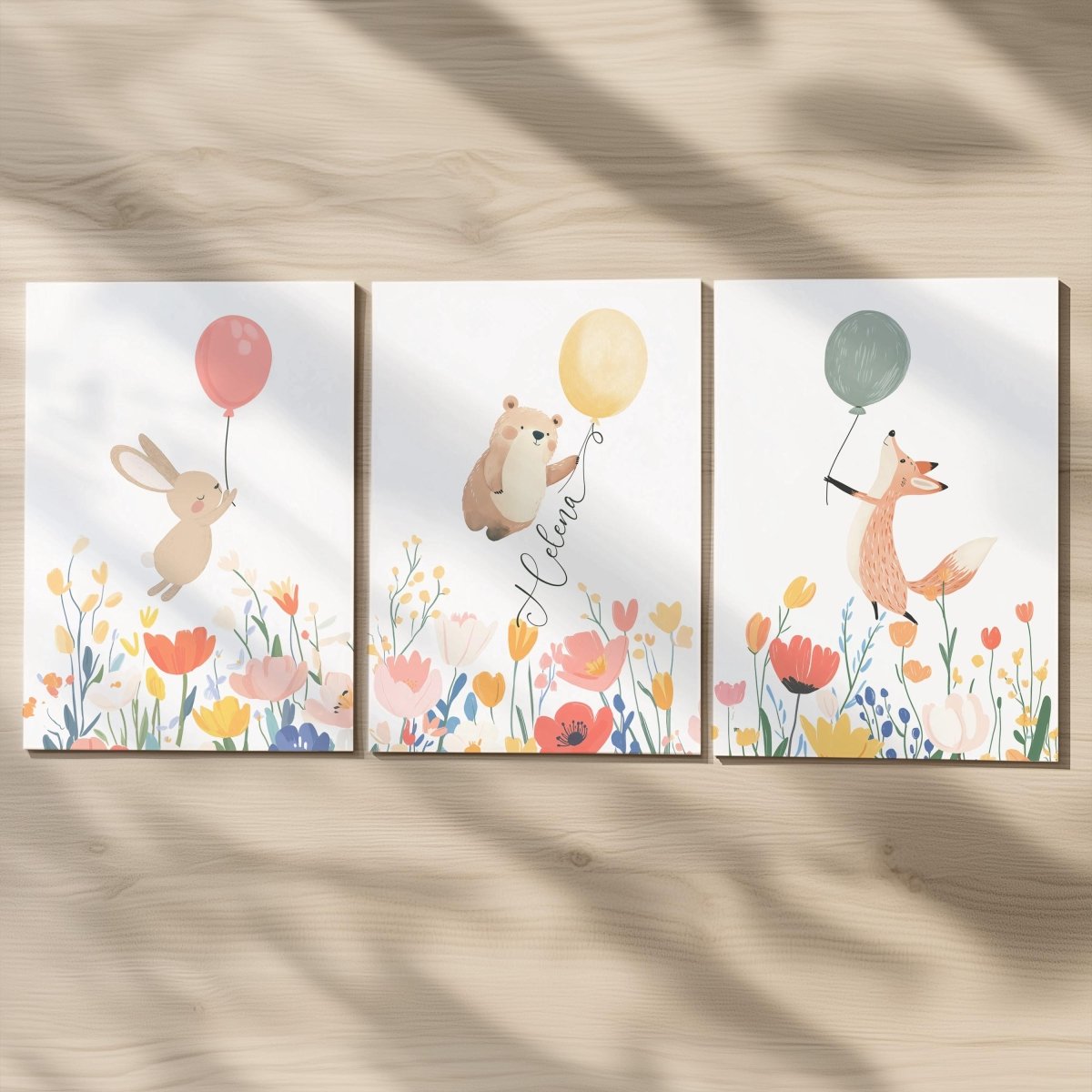 Set of 3 Personalised Wildflower Balloon Animal Nursery Prints – Custom Wall Art for Girls Room - RoseRowanDesign -
