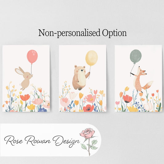 Set of 3 Personalised Wildflower Balloon Animal Nursery Prints – Custom Wall Art for Girls Room - RoseRowanDesign -