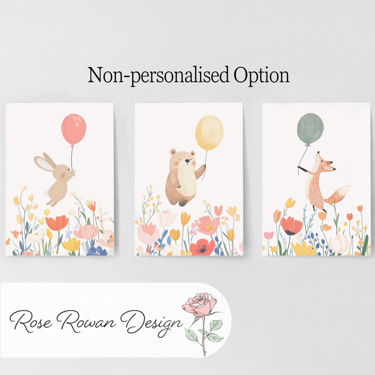 Set of 3 Personalised Wildflower Balloon Animal Nursery Prints – Custom Wall Art for Girls Room - RoseRowanDesign -