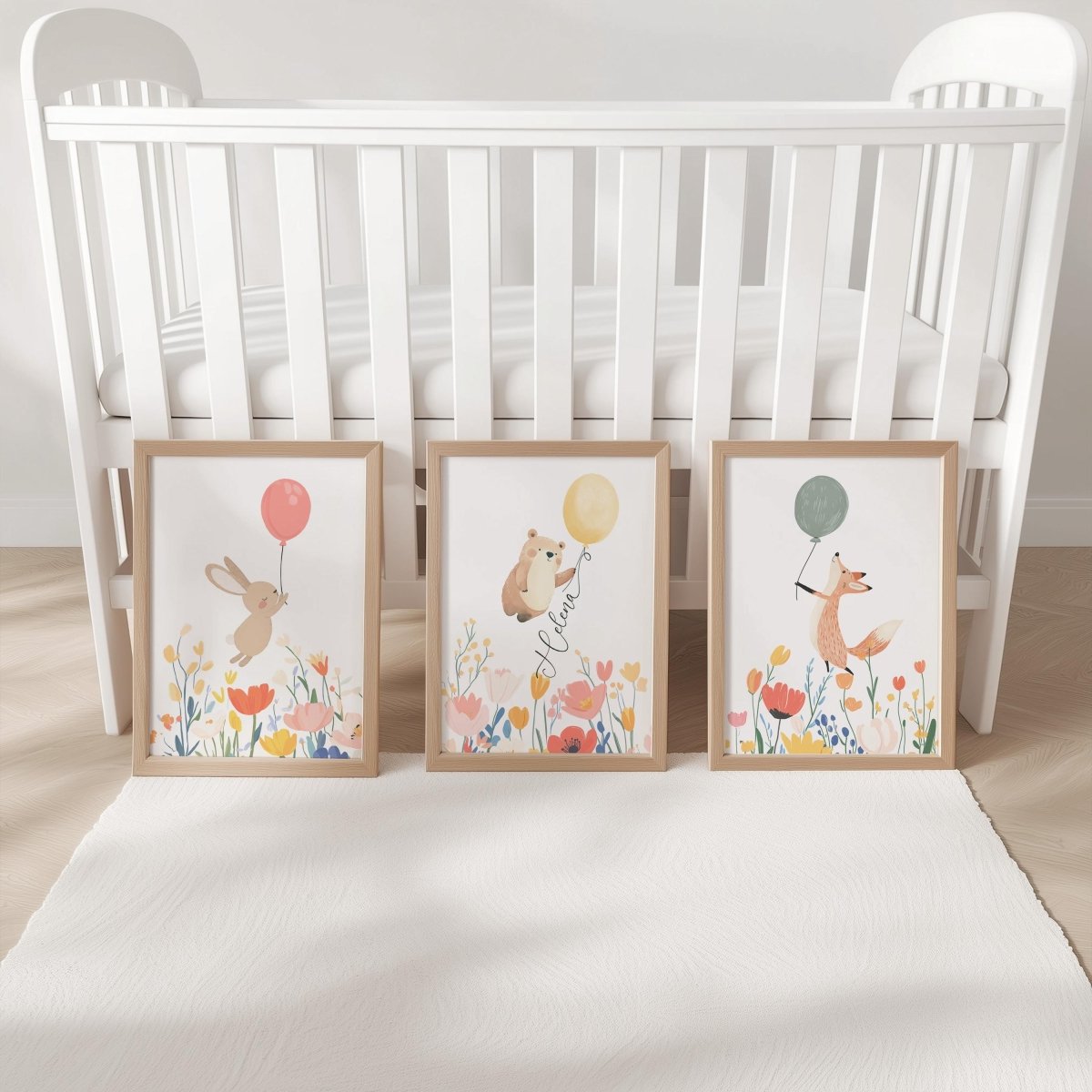 Set of 3 Personalised Wildflower Balloon Animal Nursery Prints – Custom Wall Art for Girls Room - RoseRowanDesign -