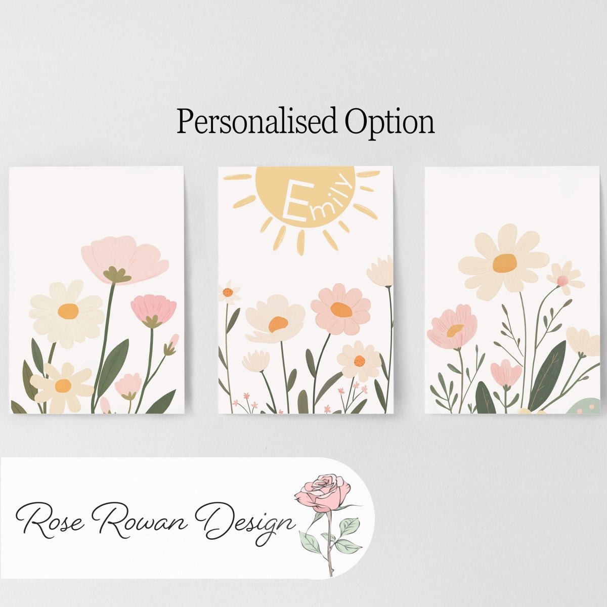 Set of 3 Personalised Wildflower Prints – Floral Name Wall Art for Girls Nursery & Boho Bedroom Decor - RoseRowanDesign -