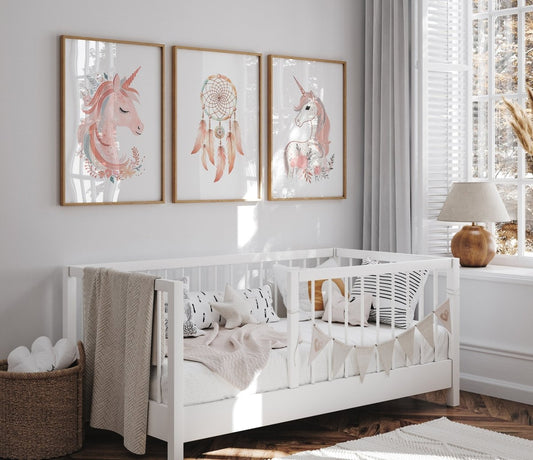 Set of 3 Pink Boho Unicorn Nursery Prints | Dream Catcher Wall Art - RoseRowanDesign -
