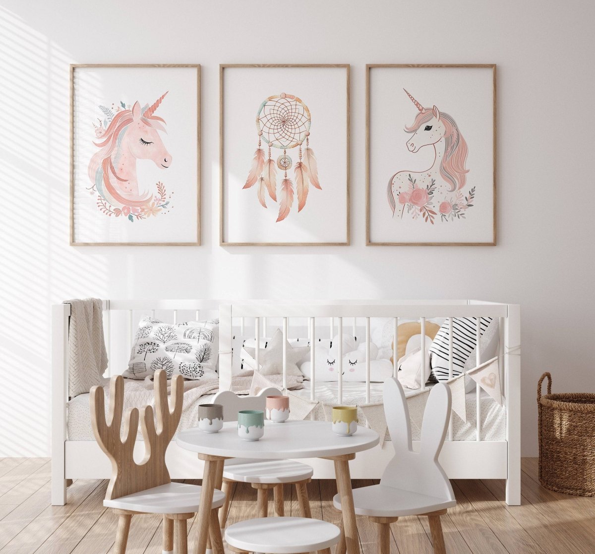 Set of 3 Pink Boho Unicorn Nursery Prints | Dream Catcher Wall Art - RoseRowanDesign -