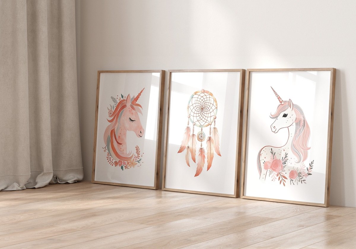 Set of 3 Pink Boho Unicorn Nursery Prints | Dream Catcher Wall Art - RoseRowanDesign -