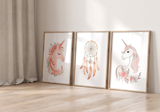 Set of 3 Pink Boho Unicorn Nursery Prints | Dream Catcher Wall Art - RoseRowanDesign -