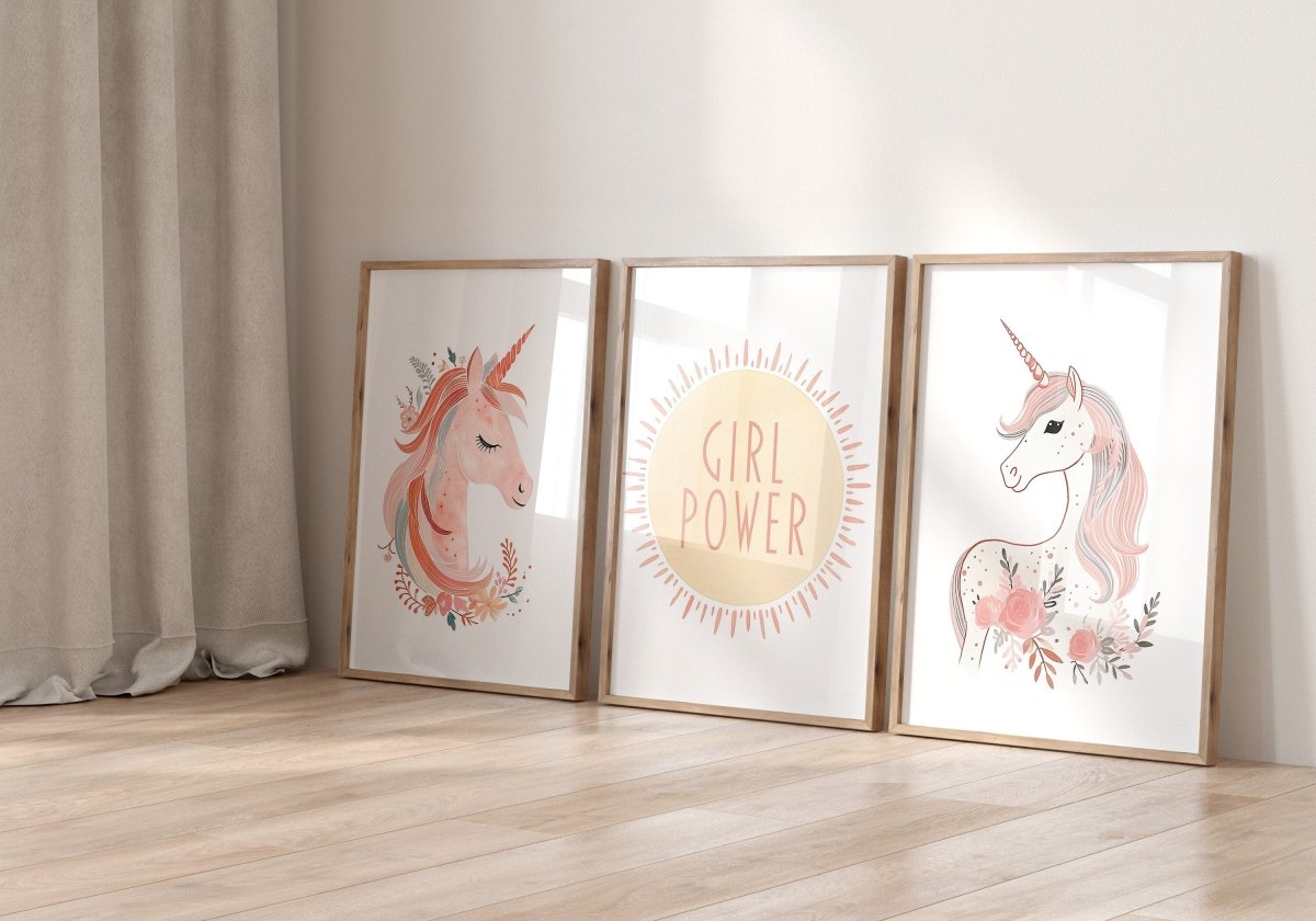 Set of 3 Pink Boho Unicorn Nursery Prints | Girl Power Wall Art | Girls Bedroom Decor - RoseRowanDesign -