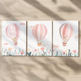 Load image into Gallery viewer, Set of 3 Pink Hot Air Balloon Nursery Prints – Personalised Wildflower Wall Art for Girls Room - RoseRowanDesign -