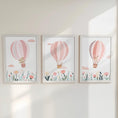 Load image into Gallery viewer, Set of 3 Pink Hot Air Balloon Nursery Prints – Personalised Wildflower Wall Art for Girls Room - RoseRowanDesign -