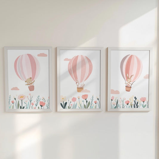 Set of 3 Pink Hot Air Balloon Nursery Prints – Personalised Wildflower Wall Art for Girls Room - RoseRowanDesign -