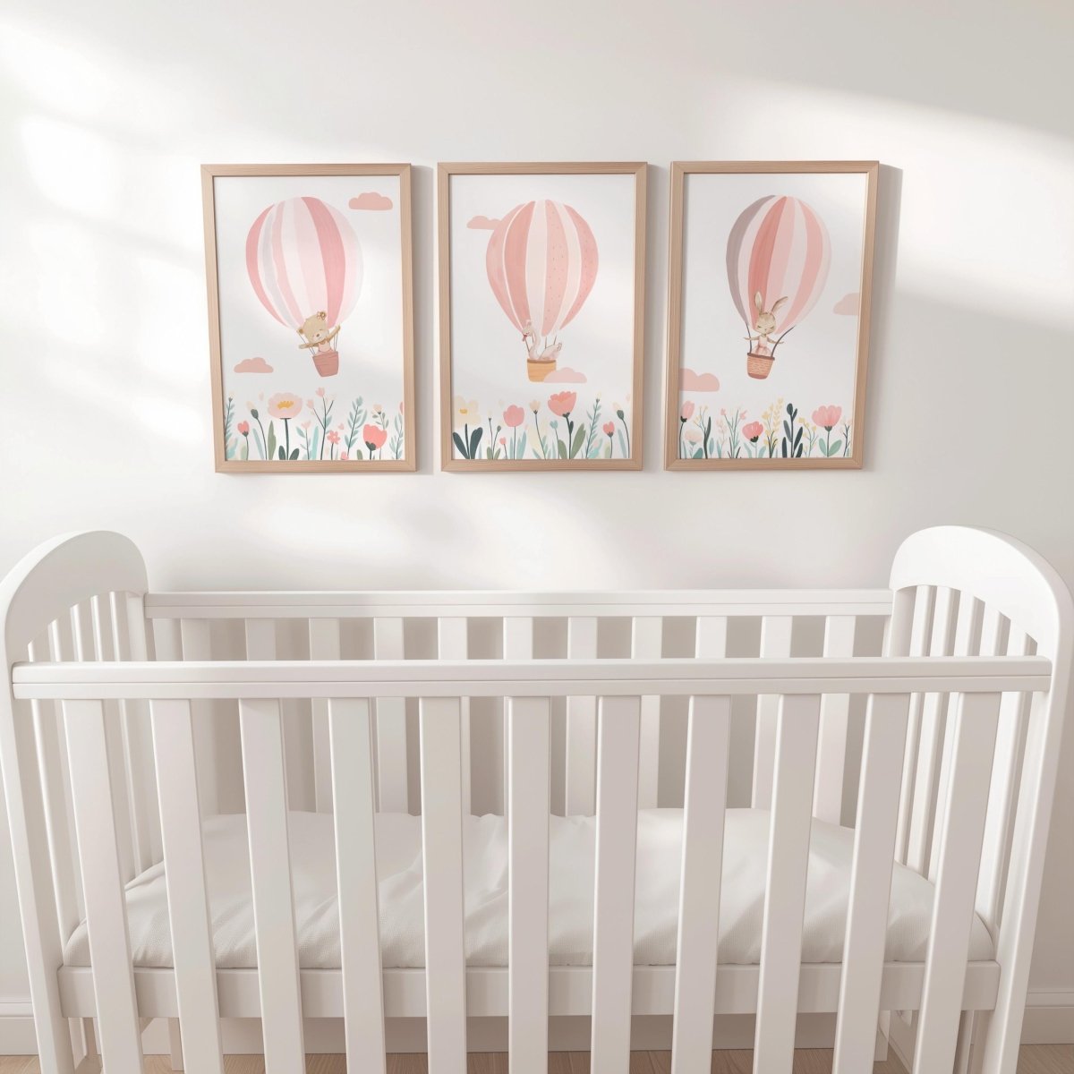 Set of 3 Pink Hot Air Balloon Nursery Prints – Personalised Wildflower Wall Art for Girls Room - RoseRowanDesign -