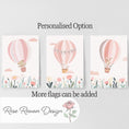 Load image into Gallery viewer, Set of 3 Pink Hot Air Balloon Nursery Prints – Personalised Wildflower Wall Art for Girls Room - RoseRowanDesign -