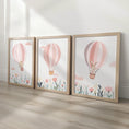Load image into Gallery viewer, Set of 3 Pink Hot Air Balloon Nursery Prints – Personalised Wildflower Wall Art for Girls Room - RoseRowanDesign -