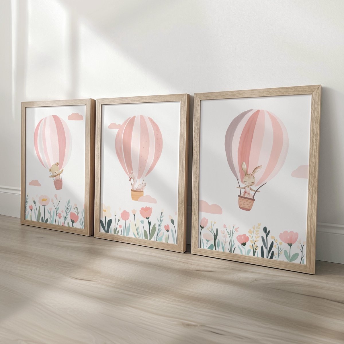 Set of 3 Pink Hot Air Balloon Nursery Prints – Personalised Wildflower Wall Art for Girls Room - RoseRowanDesign -
