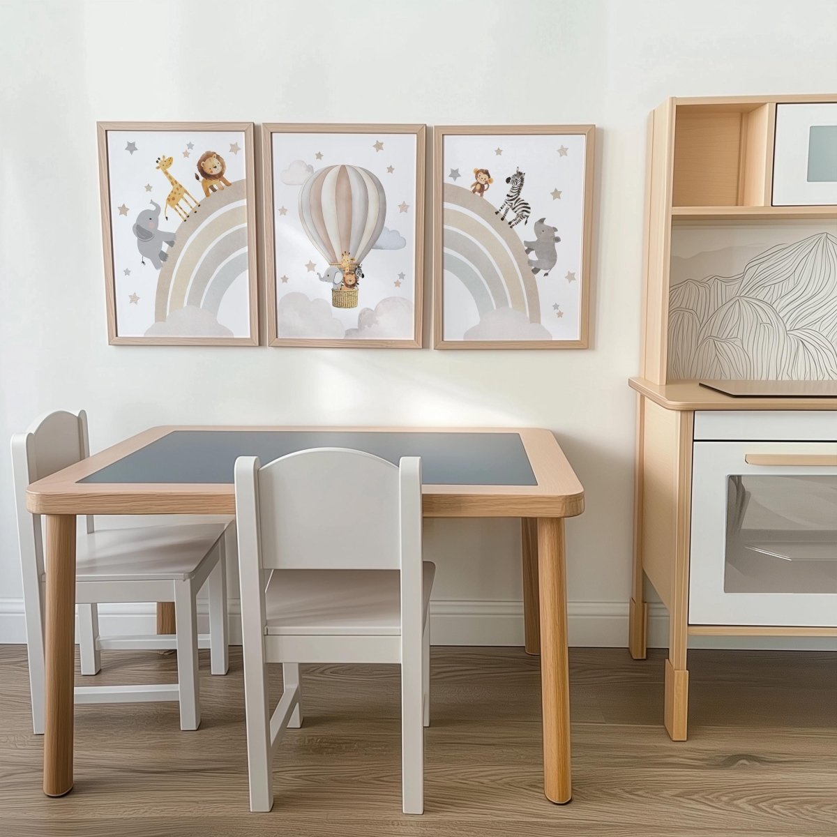 Set of 3 Safari Animal Nursery Prints – Beige Rainbow & Hot Air Balloon Wall Art for Boys Room - RoseRowanDesign -