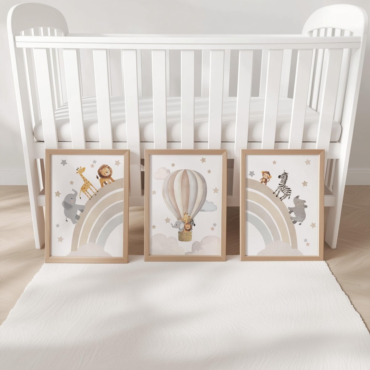 Set of 3 Safari Animal Nursery Prints – Beige Rainbow & Hot Air Balloon Wall Art for Boys Room - RoseRowanDesign -