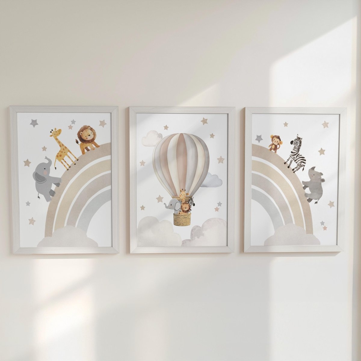 Set of 3 Safari Animal Nursery Prints – Beige Rainbow & Hot Air Balloon Wall Art for Boys Room - RoseRowanDesign -