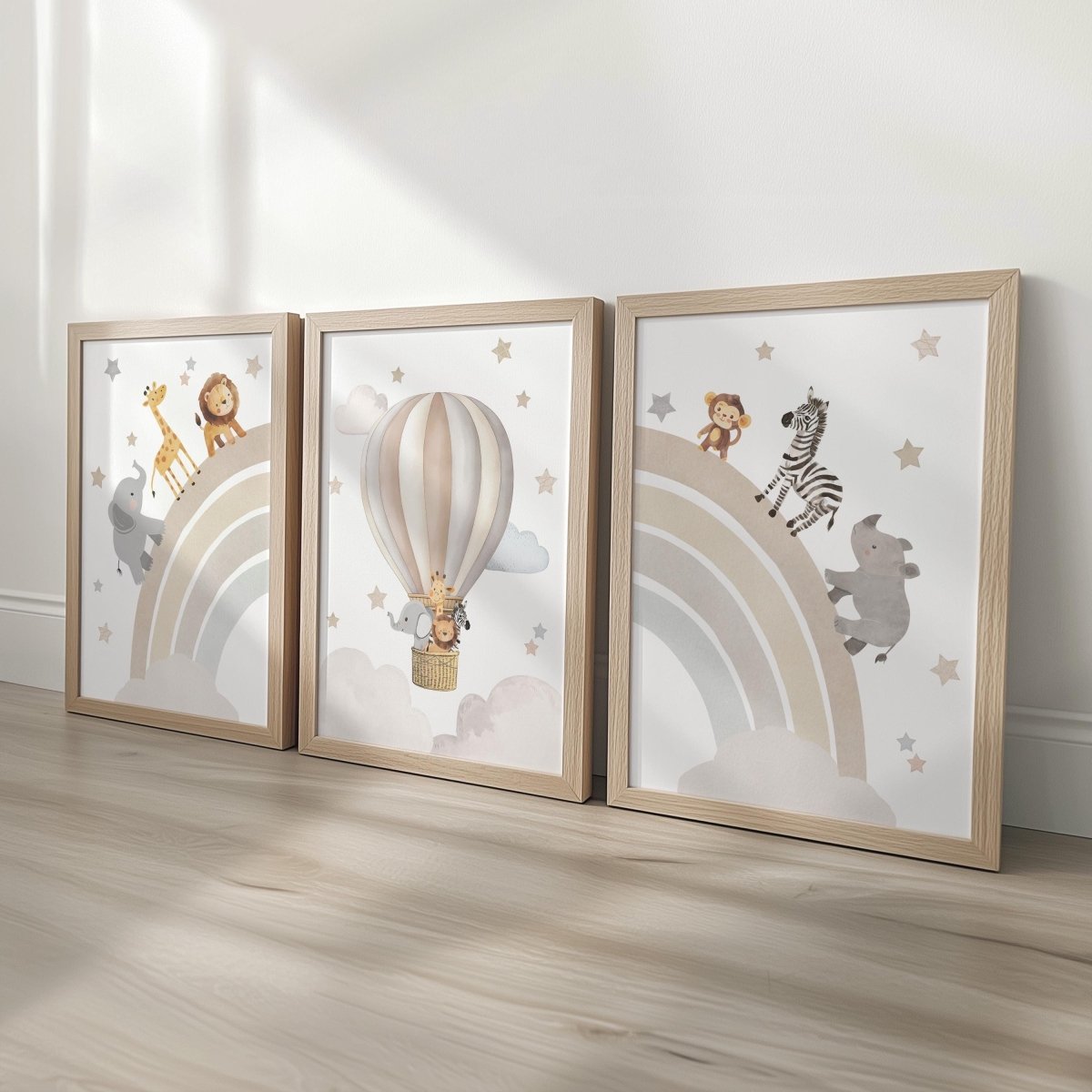 Set of 3 Safari Animal Nursery Prints – Beige Rainbow & Hot Air Balloon Wall Art for Boys Room - RoseRowanDesign -
