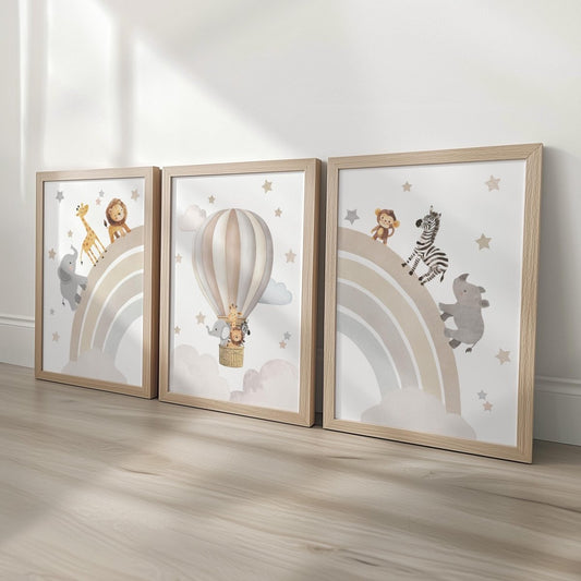 Set of 3 Safari Animal Nursery Prints – Beige Rainbow & Hot Air Balloon Wall Art for Boys Room - RoseRowanDesign -
