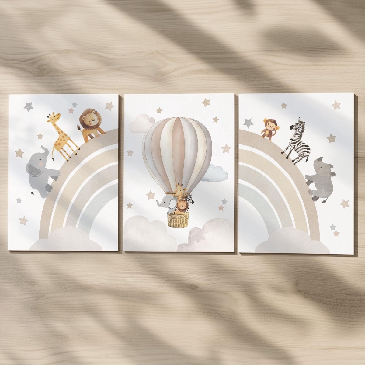 Set of 3 Safari Animal Nursery Prints – Beige Rainbow & Hot Air Balloon Wall Art for Boys Room - RoseRowanDesign -