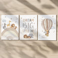 Load image into Gallery viewer, Set of 3 Safari Animal Nursery Prints – Dream Big, Beige Hot Air Balloon & Rainbow Wall Art - RoseRowanDesign -