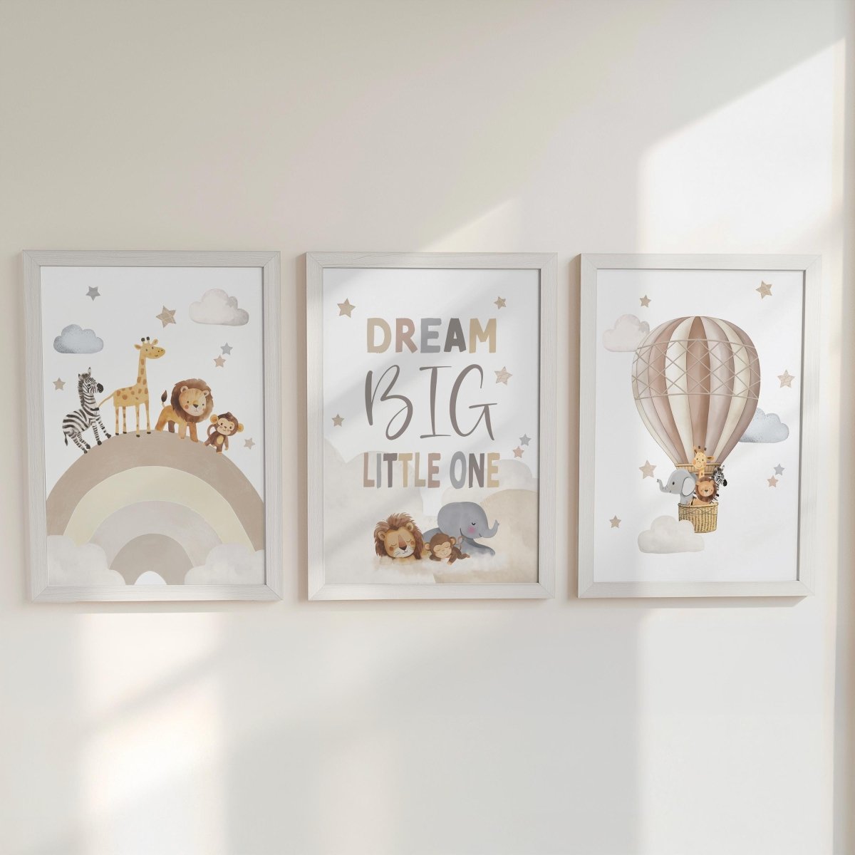 Set of 3 Safari Animal Nursery Prints – Dream Big, Beige Hot Air Balloon & Rainbow Wall Art - RoseRowanDesign -
