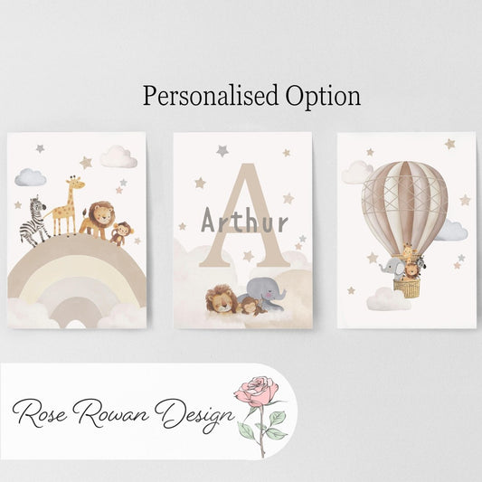 Set of 3 Safari Animal Nursery Prints – Dream Big, Beige Hot Air Balloon & Rainbow Wall Art - RoseRowanDesign -
