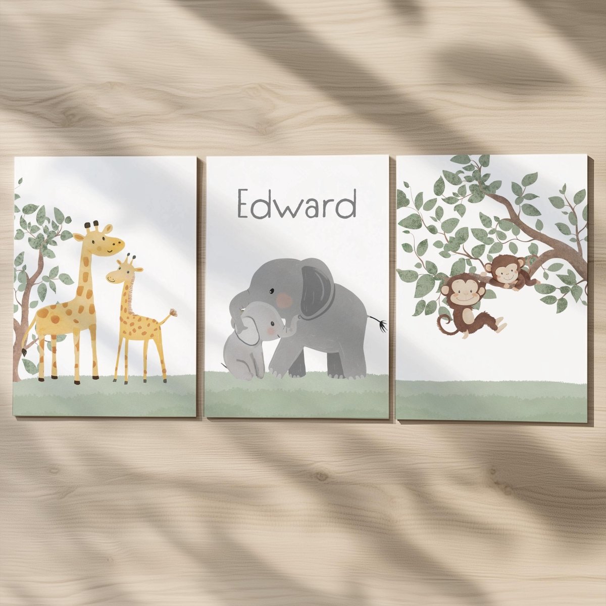 Set of 3 Safari Animal Nursery Prints – Giraffe, Monkey & Elephant Wall Art for Baby Room - RoseRowanDesign -