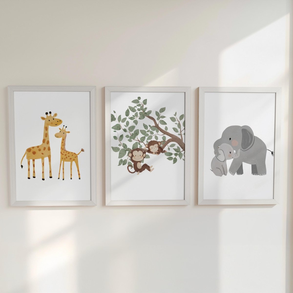 Set of 3 Safari Animal Nursery Prints – Giraffe, Monkey & Elephant Wall Art for Baby Room - RoseRowanDesign -