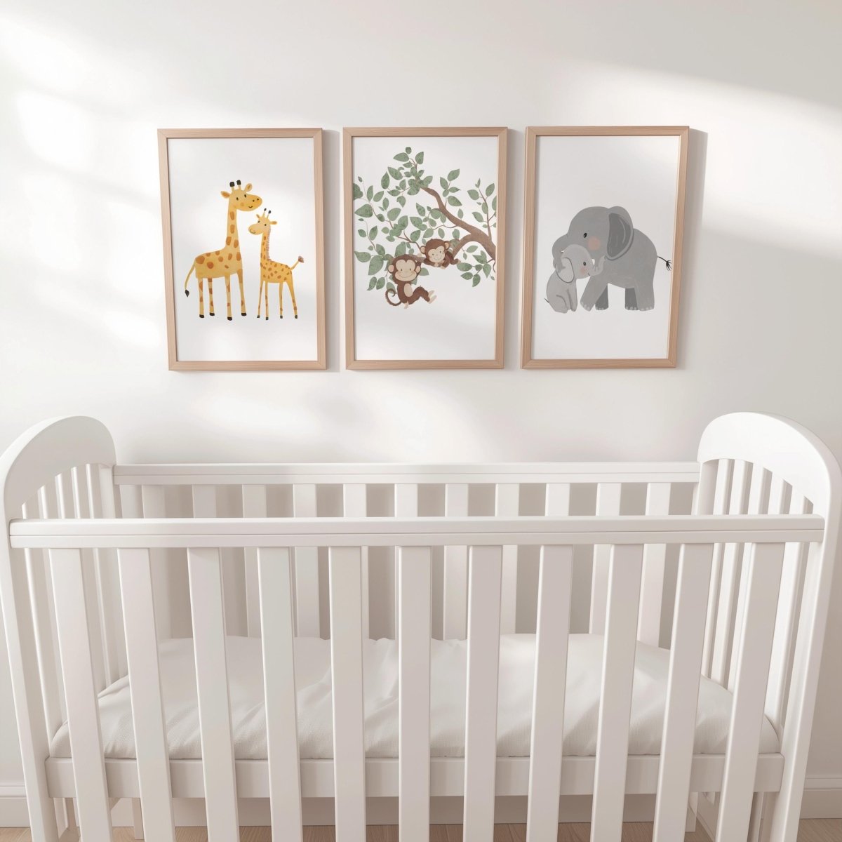 Set of 3 Safari Animal Nursery Prints – Giraffe, Monkey & Elephant Wall Art for Baby Room - RoseRowanDesign -