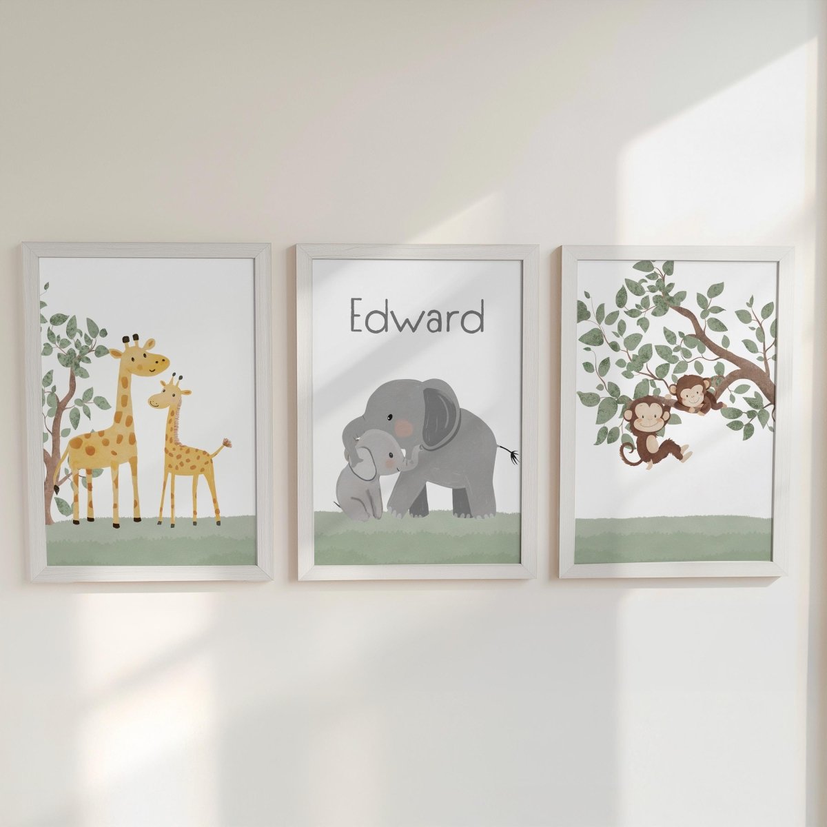 Set of 3 Safari Animal Nursery Prints – Giraffe, Monkey & Elephant Wall Art for Baby Room - RoseRowanDesign -
