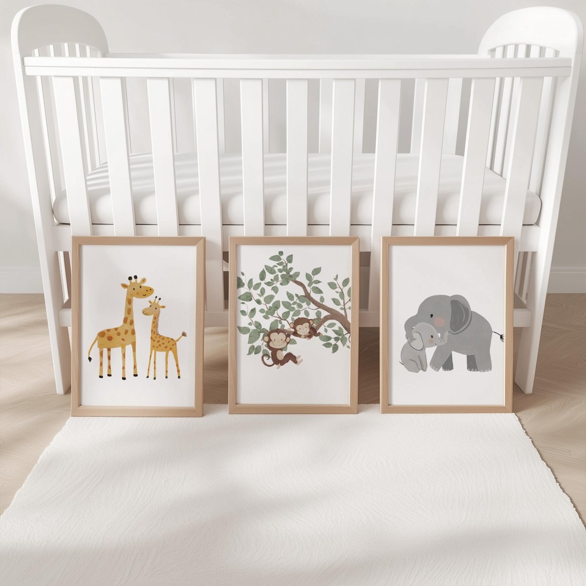 Set of 3 Safari Animal Nursery Prints – Giraffe, Monkey & Elephant Wall Art for Baby Room - RoseRowanDesign -