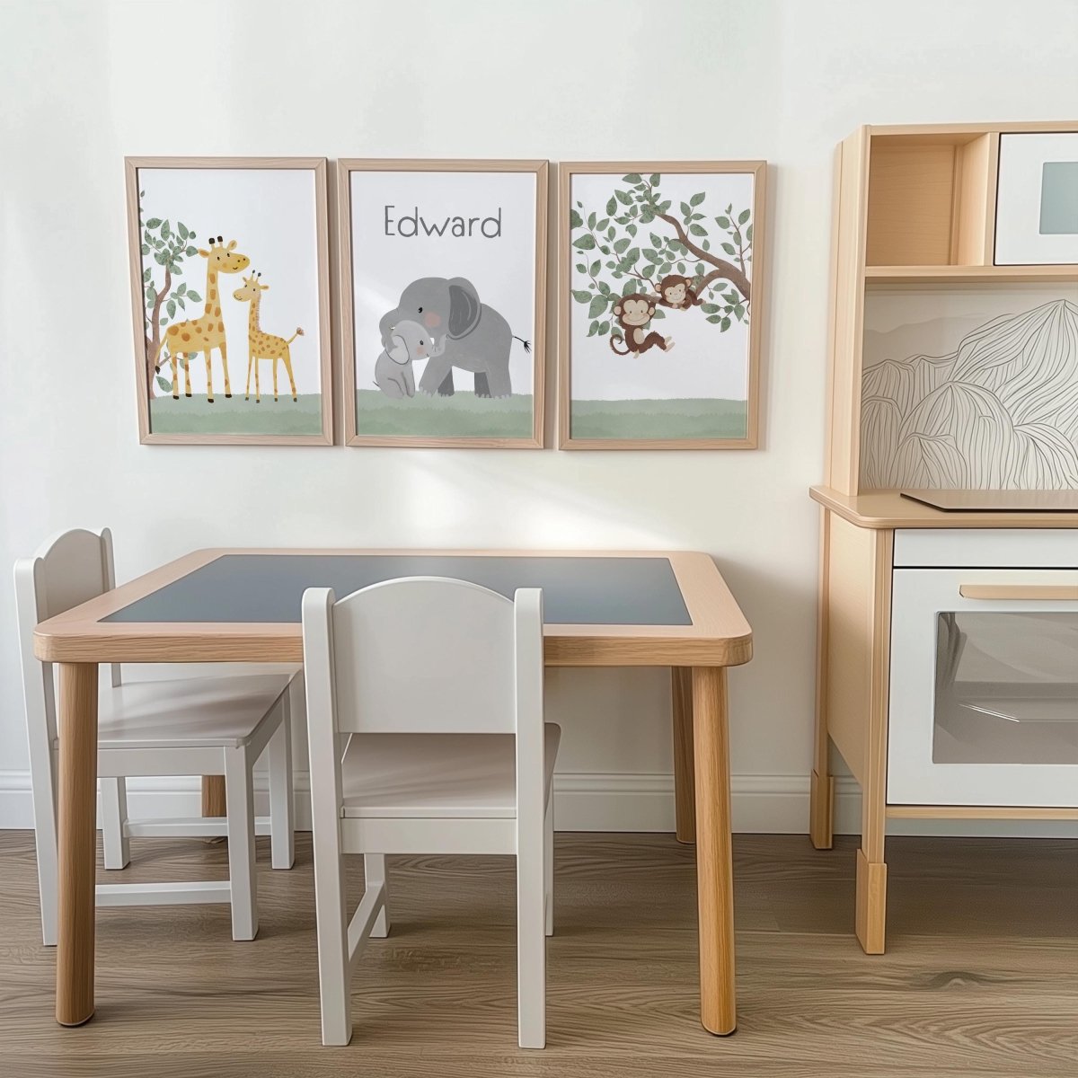 Set of 3 Safari Animal Nursery Prints – Giraffe, Monkey & Elephant Wall Art for Baby Room - RoseRowanDesign -