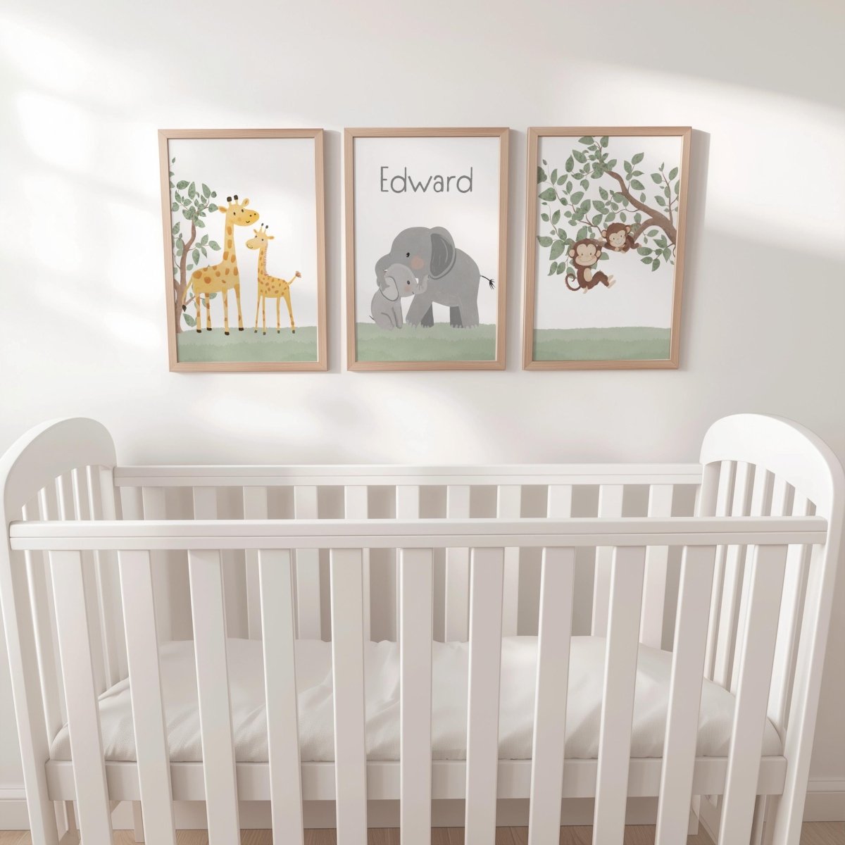 Set of 3 Safari Animal Nursery Prints – Giraffe, Monkey & Elephant Wall Art for Baby Room - RoseRowanDesign -