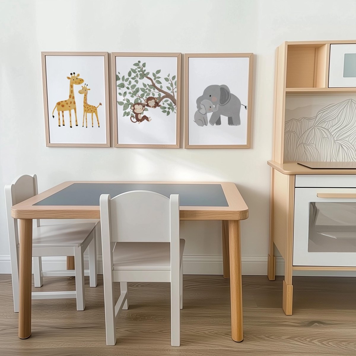 Set of 3 Safari Animal Nursery Prints – Giraffe, Monkey & Elephant Wall Art for Baby Room - RoseRowanDesign -