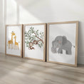 Load image into Gallery viewer, Set of 3 Safari Animal Nursery Prints – Giraffe, Monkey & Elephant Wall Art for Baby Room - RoseRowanDesign -
