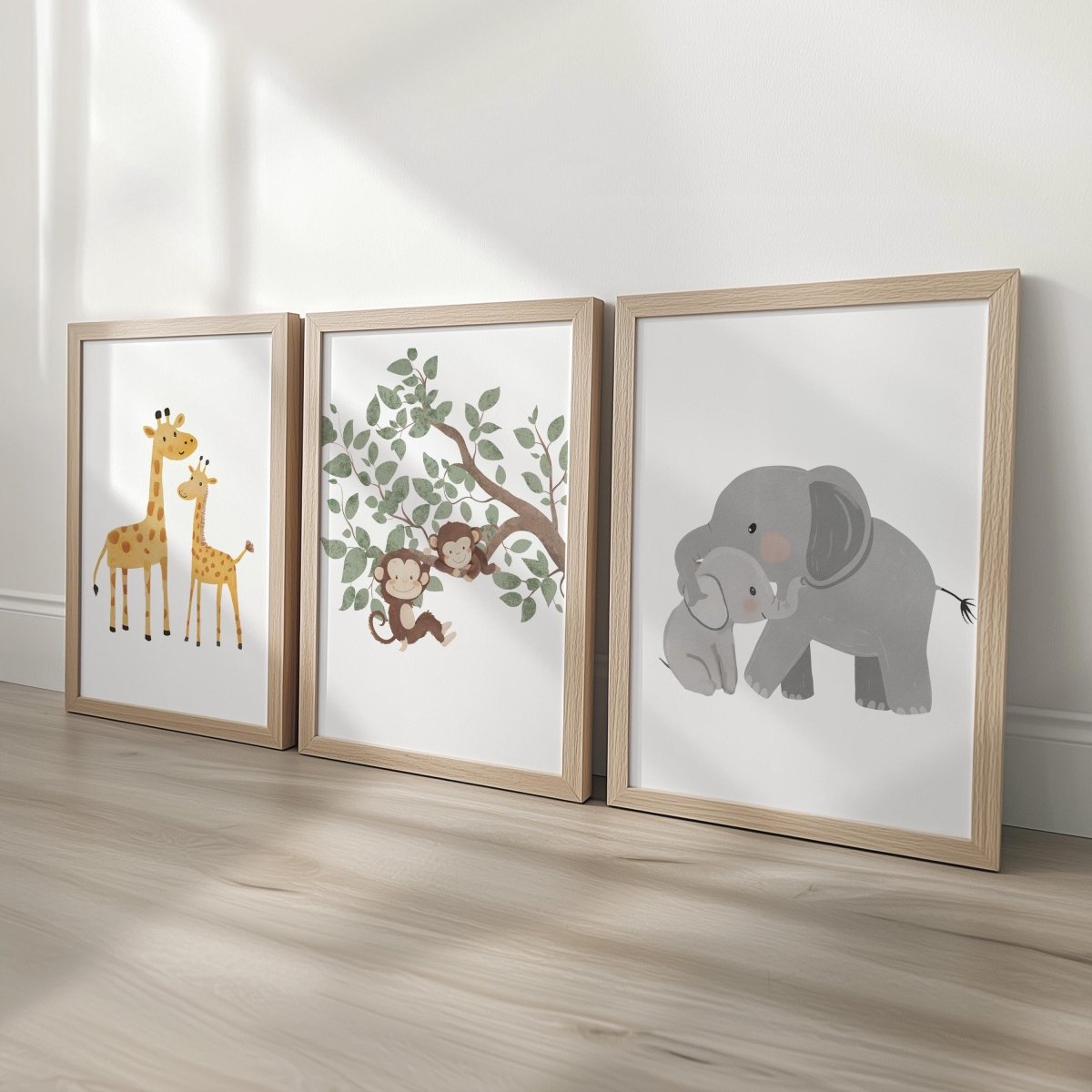 Set of 3 Safari Animal Nursery Prints – Giraffe, Monkey & Elephant Wall Art for Baby Room - RoseRowanDesign -