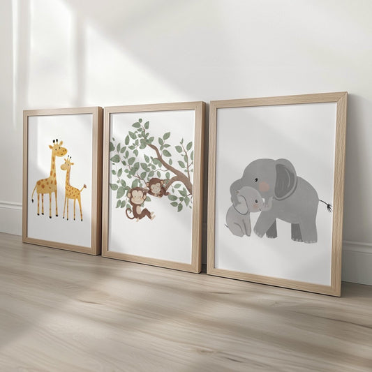 Set of 3 Safari Animal Nursery Prints – Giraffe, Monkey & Elephant Wall Art for Baby Room - RoseRowanDesign -
