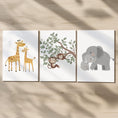 Load image into Gallery viewer, Set of 3 Safari Animal Nursery Prints – Giraffe, Monkey & Elephant Wall Art for Baby Room - RoseRowanDesign -
