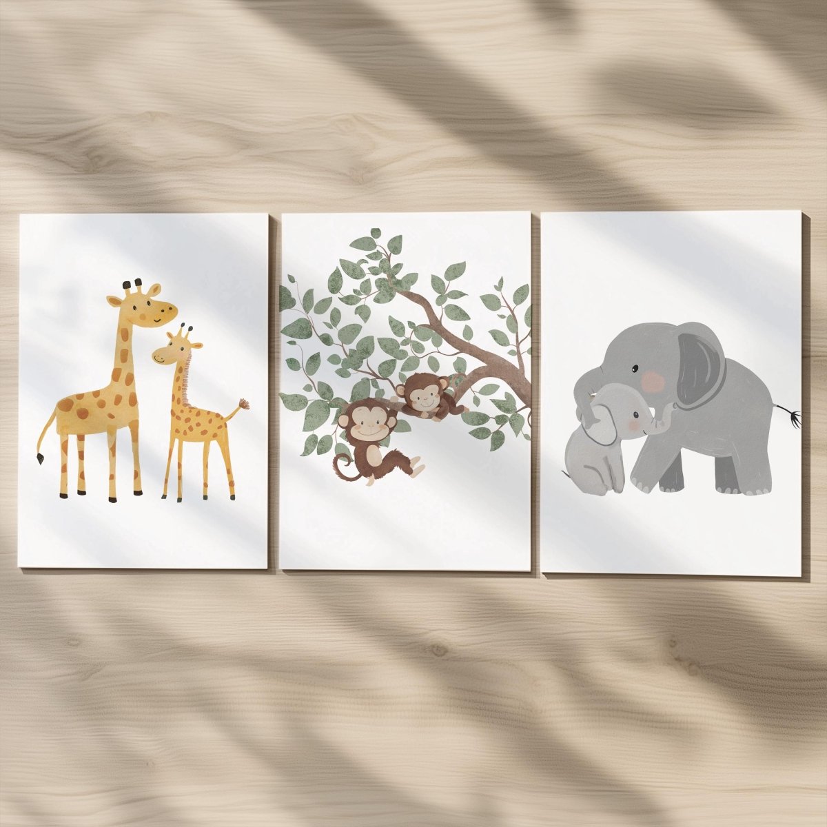 Set of 3 Safari Animal Nursery Prints – Giraffe, Monkey & Elephant Wall Art for Baby Room - RoseRowanDesign -