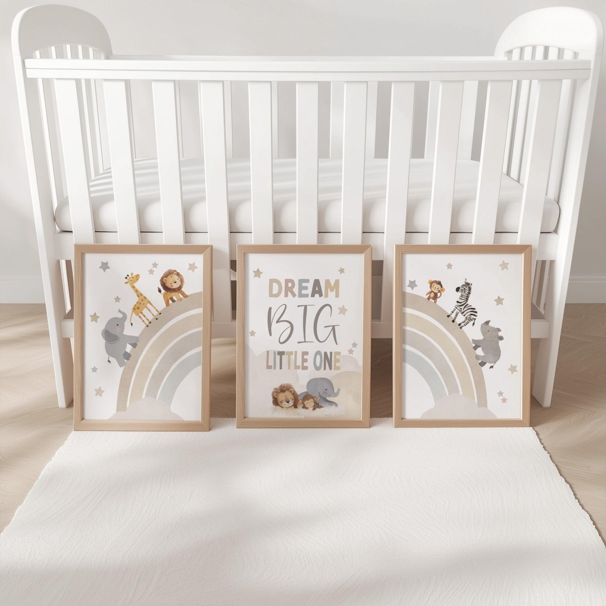 Set of 3 Safari Animal Nursery Prints – Neutral Beige Rainbow & Dream Big Wall Art for Boys Room - RoseRowanDesign -