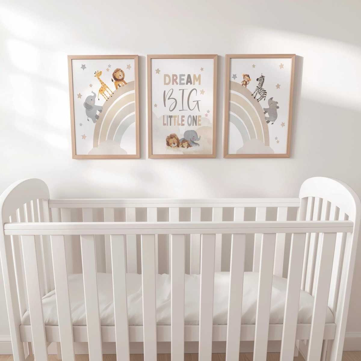 Set of 3 Safari Animal Nursery Prints – Neutral Beige Rainbow & Dream Big Wall Art for Boys Room - RoseRowanDesign -