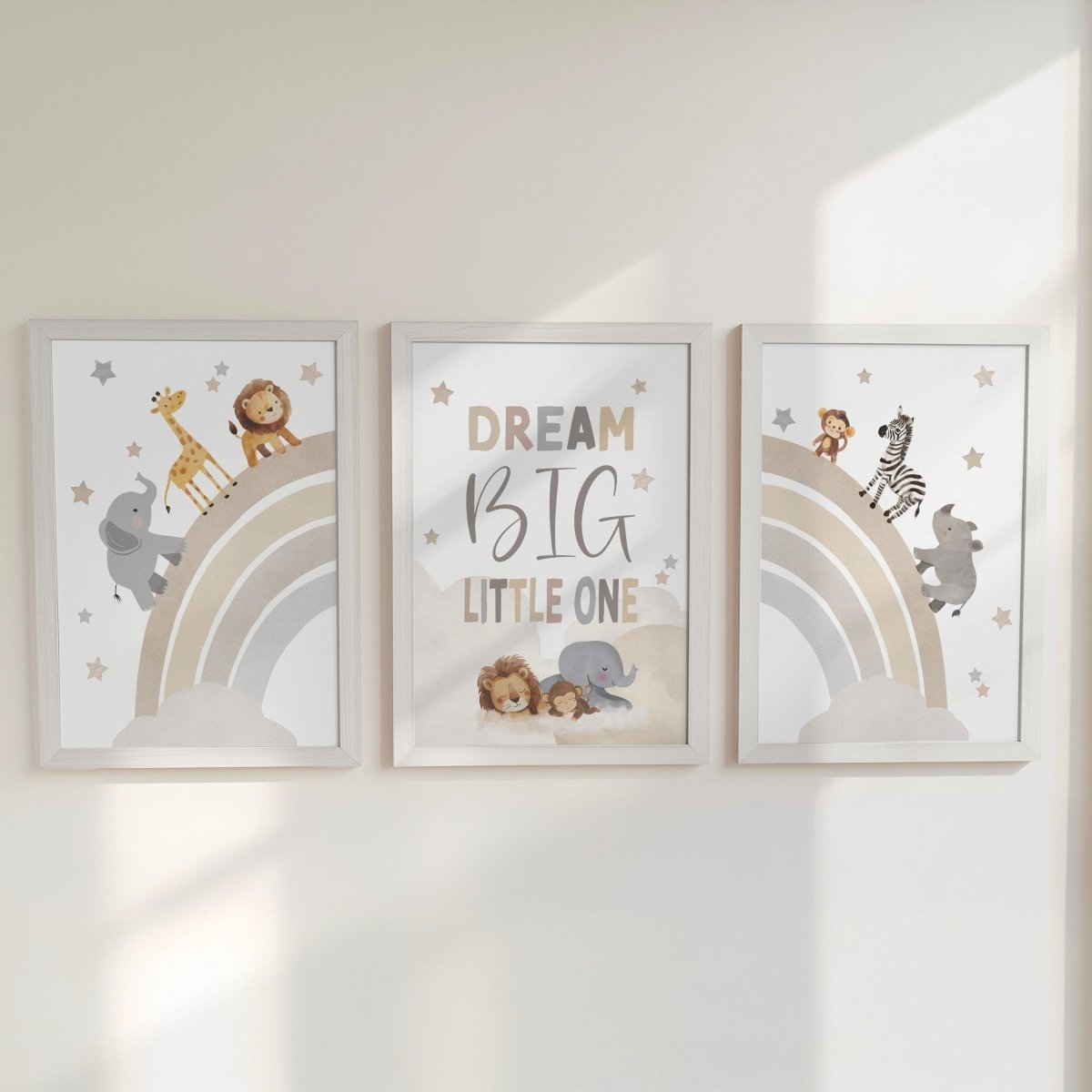 Set of 3 Safari Animal Nursery Prints – Neutral Beige Rainbow & Dream Big Wall Art for Boys Room - RoseRowanDesign -
