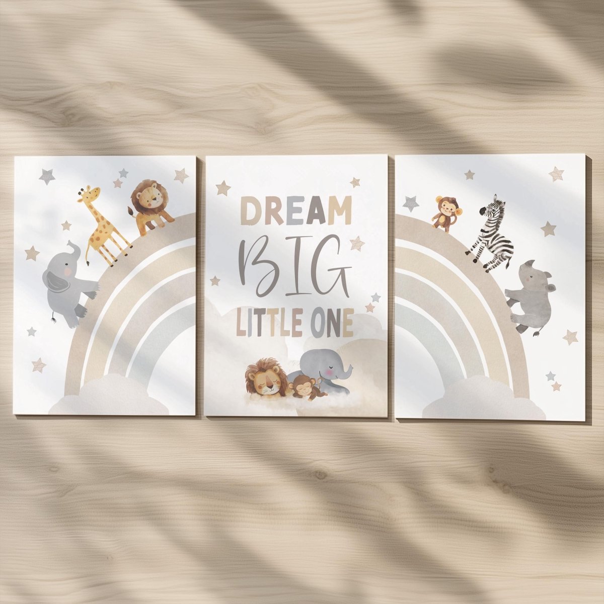 Set of 3 Safari Animal Nursery Prints – Neutral Beige Rainbow & Dream Big Wall Art for Boys Room - RoseRowanDesign -
