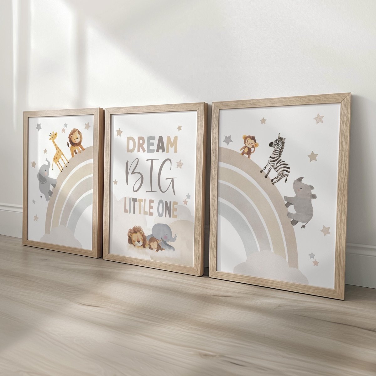 Set of 3 Safari Animal Nursery Prints – Neutral Beige Rainbow & Dream Big Wall Art for Boys Room - RoseRowanDesign -